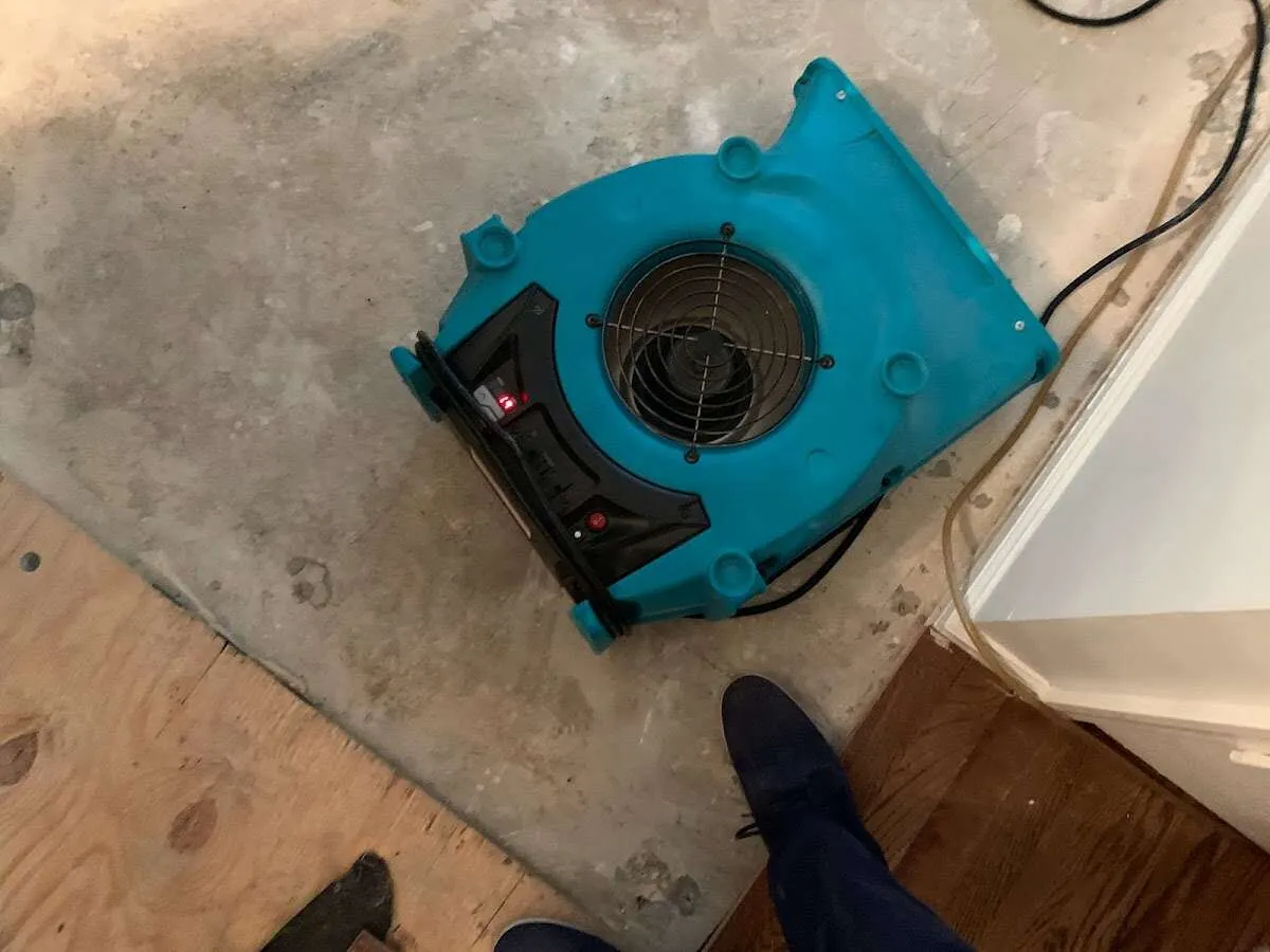 Air mover drying subfloor during Leak Detection & Repair in Jasper